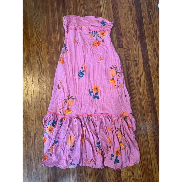 Free People Pink Striped Floral Strapless Maxi Dress Bohemian Summer size small - Picture 1 of 3